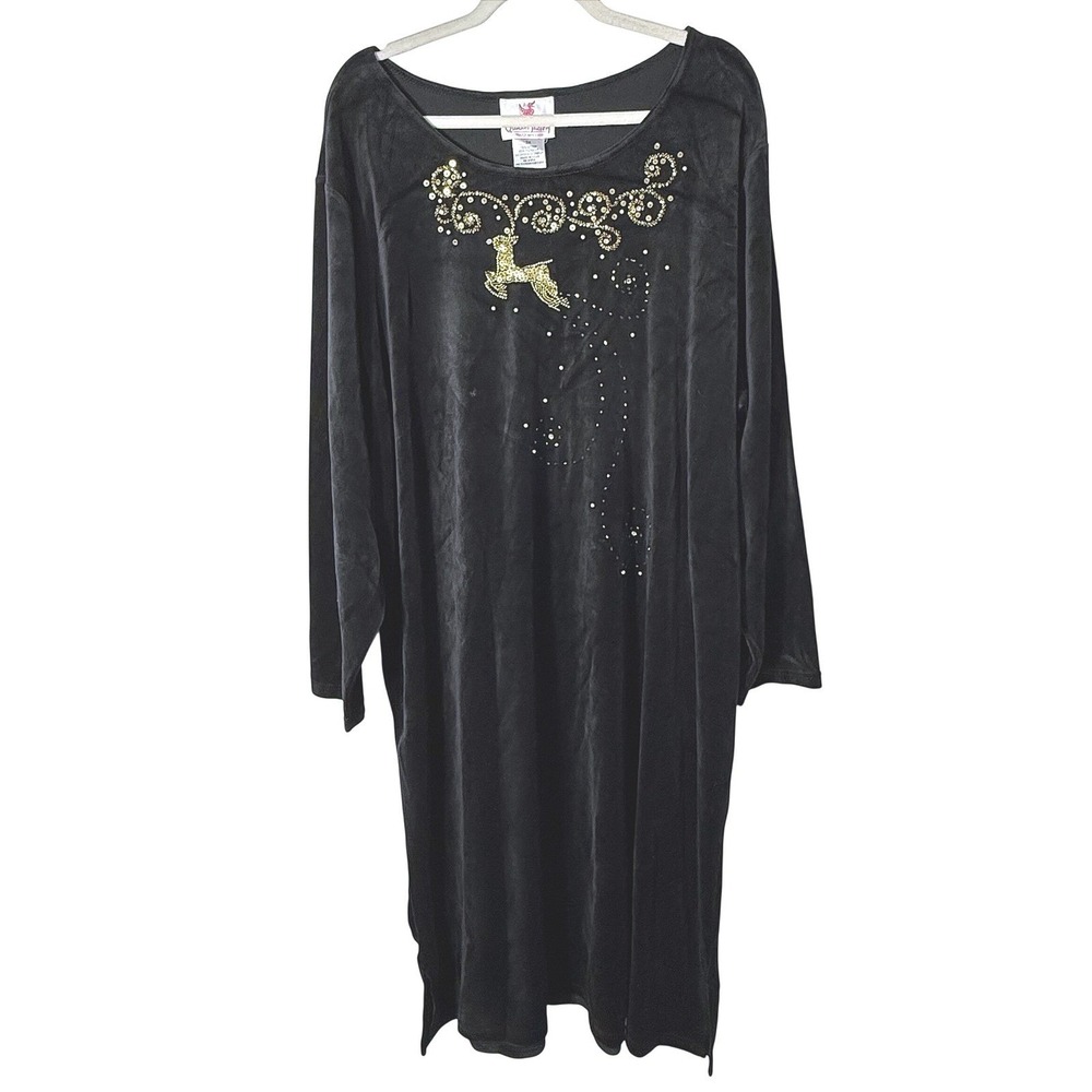 Quacker Factory 3X Black Velour Dress Gold Sequin Reindeer Embellished Plush 3X